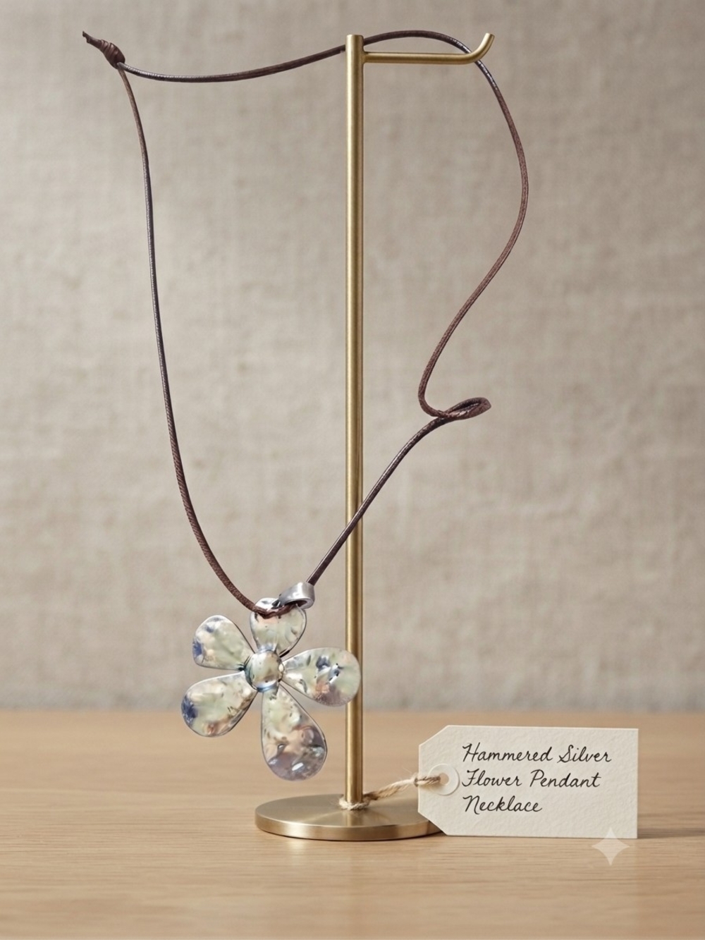 Source Unknown Iridescent White and Blue Flower Pendant Necklace on Brown Cord